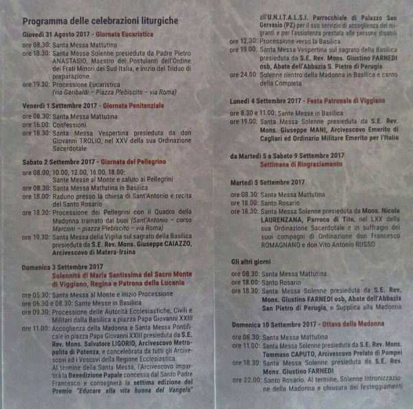 MADONNA VIGGIANO PROGRAMMA